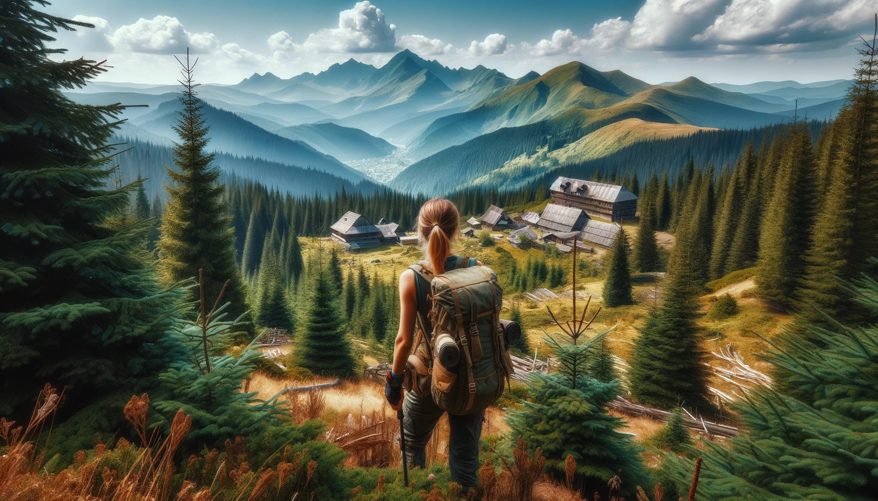 A captivating scene in the Carpathian Mountains with a female hiker in the foreground. She is admiring the expansive views of the mountain range, surr