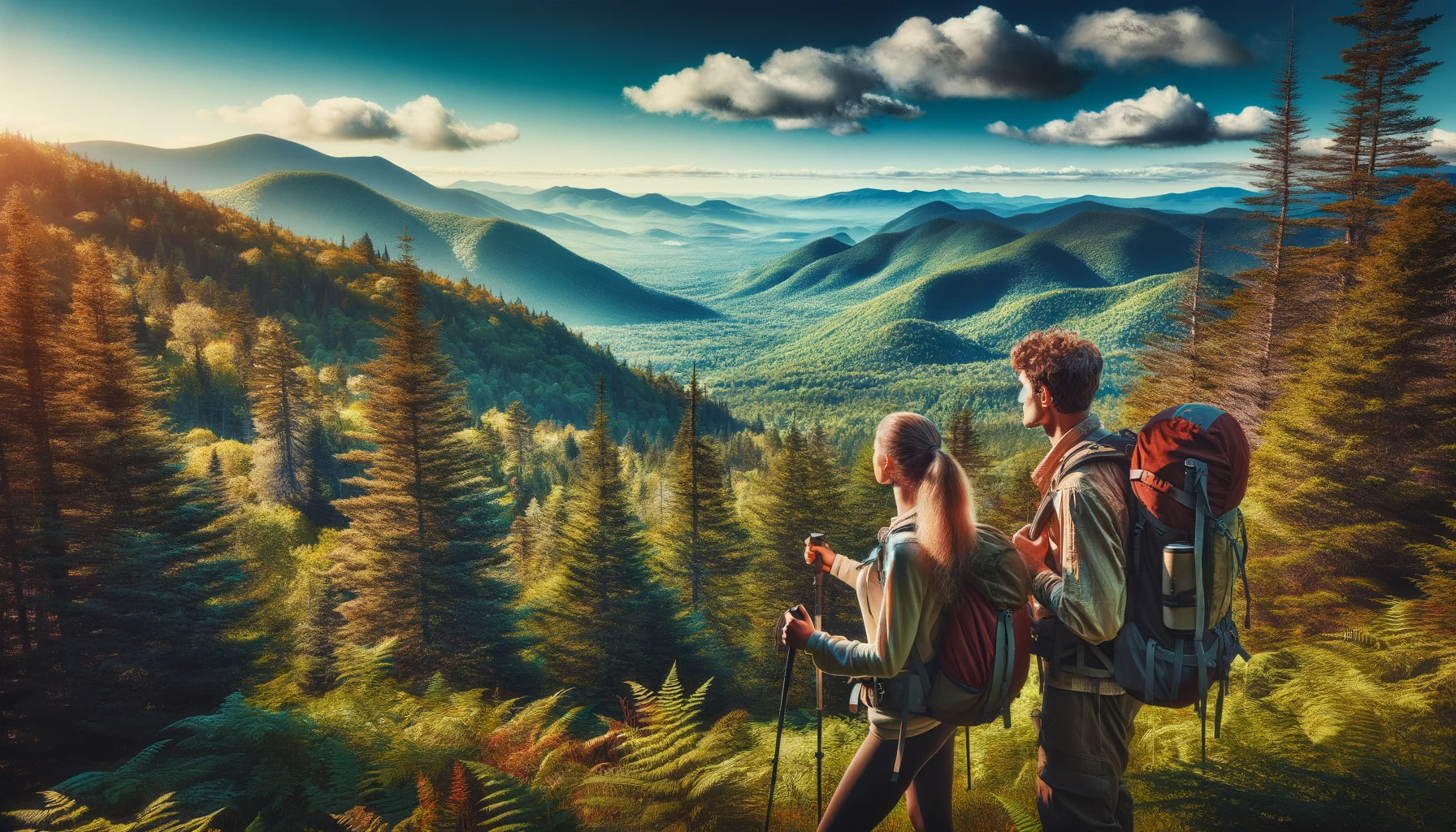 A female and male hiker in the Adirondack Mountains of Upstate New York. The scene captures the essence of the untamed wilderness with dense forests,
