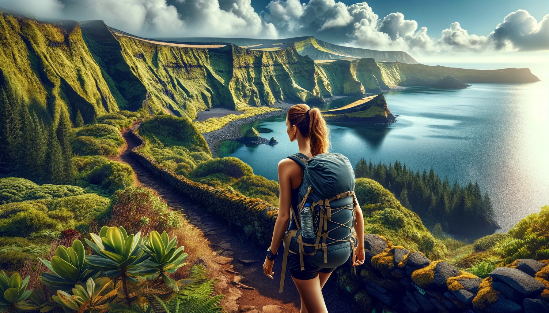 A female hiker exploring the volcanic landscapes of the Azores. She is wearing appropriate hiking attire and carrying a backpack, walking along a coas