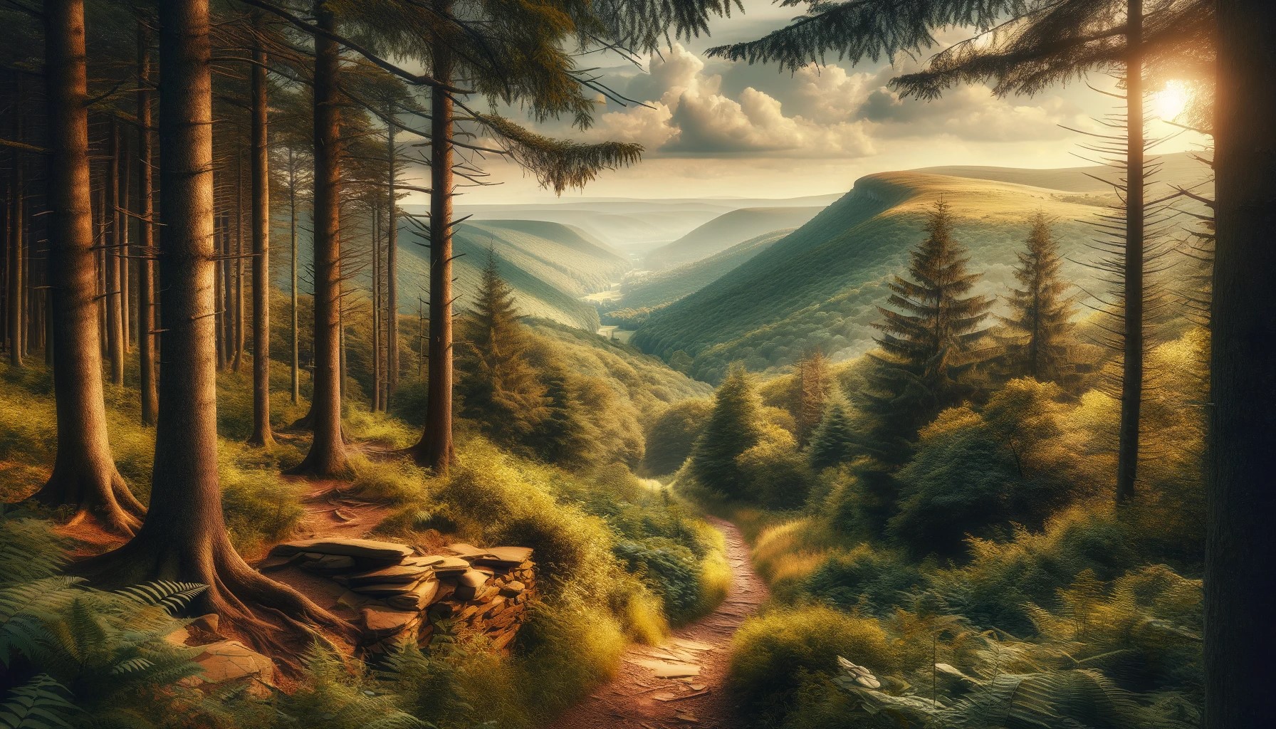 A picturesque view of the Allegheny Mountains, capturing the essence of hiking in this region. The image features a rustic hiking trail meandering through