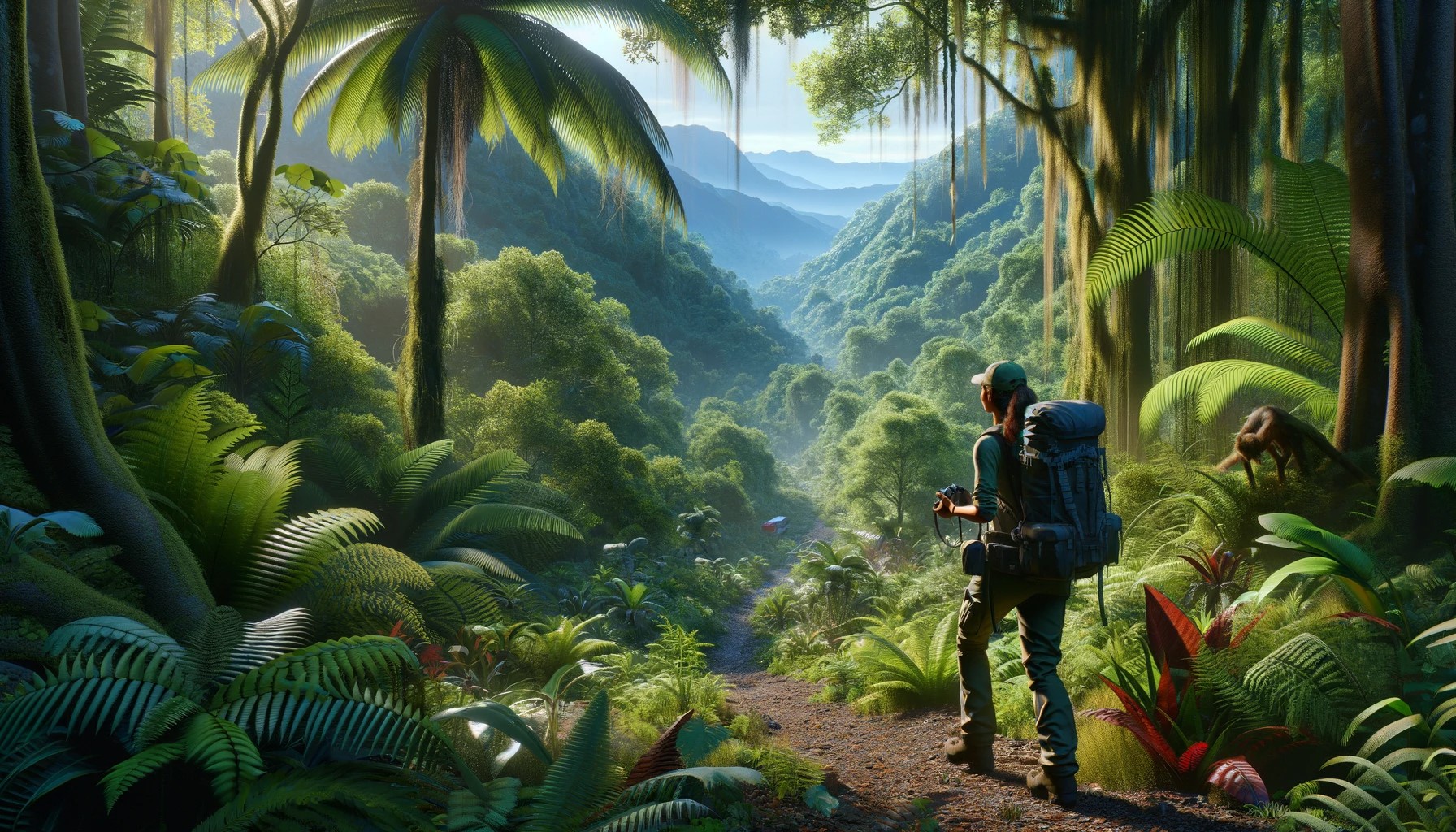 A realistic image of a female hiker exploring the dense, lush greenery of the Western Ghats