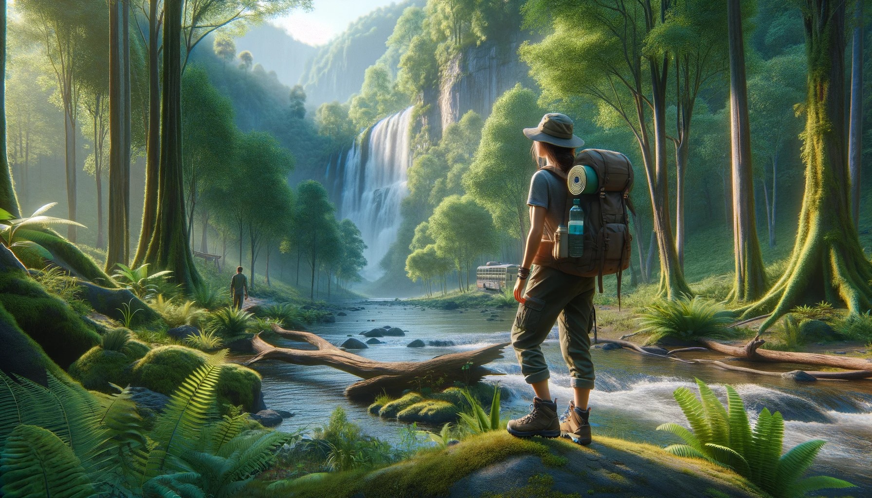 A realistic image of a female hiker standing near a river with a waterfall in the background. The setting is in a lush green forest with abundant tree