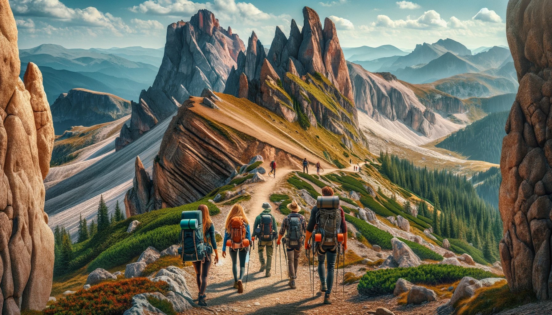 A scenic mountain landscape with a group of hikers, including both females and males, equipped for both hiking and rock climbing. They are on a trail