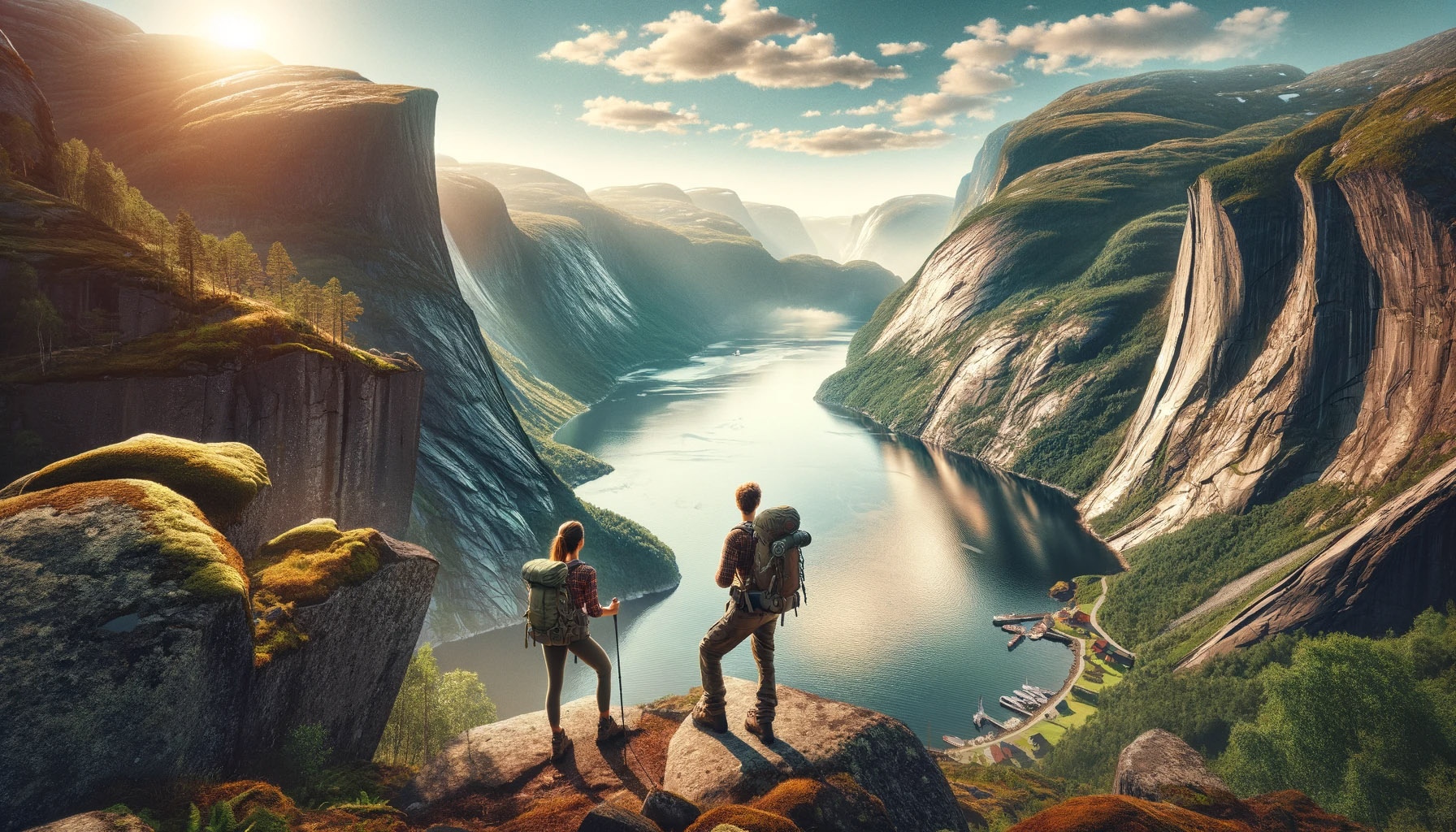 A scenic view of a Norwegian fjord with towering cliffs and lush greenery