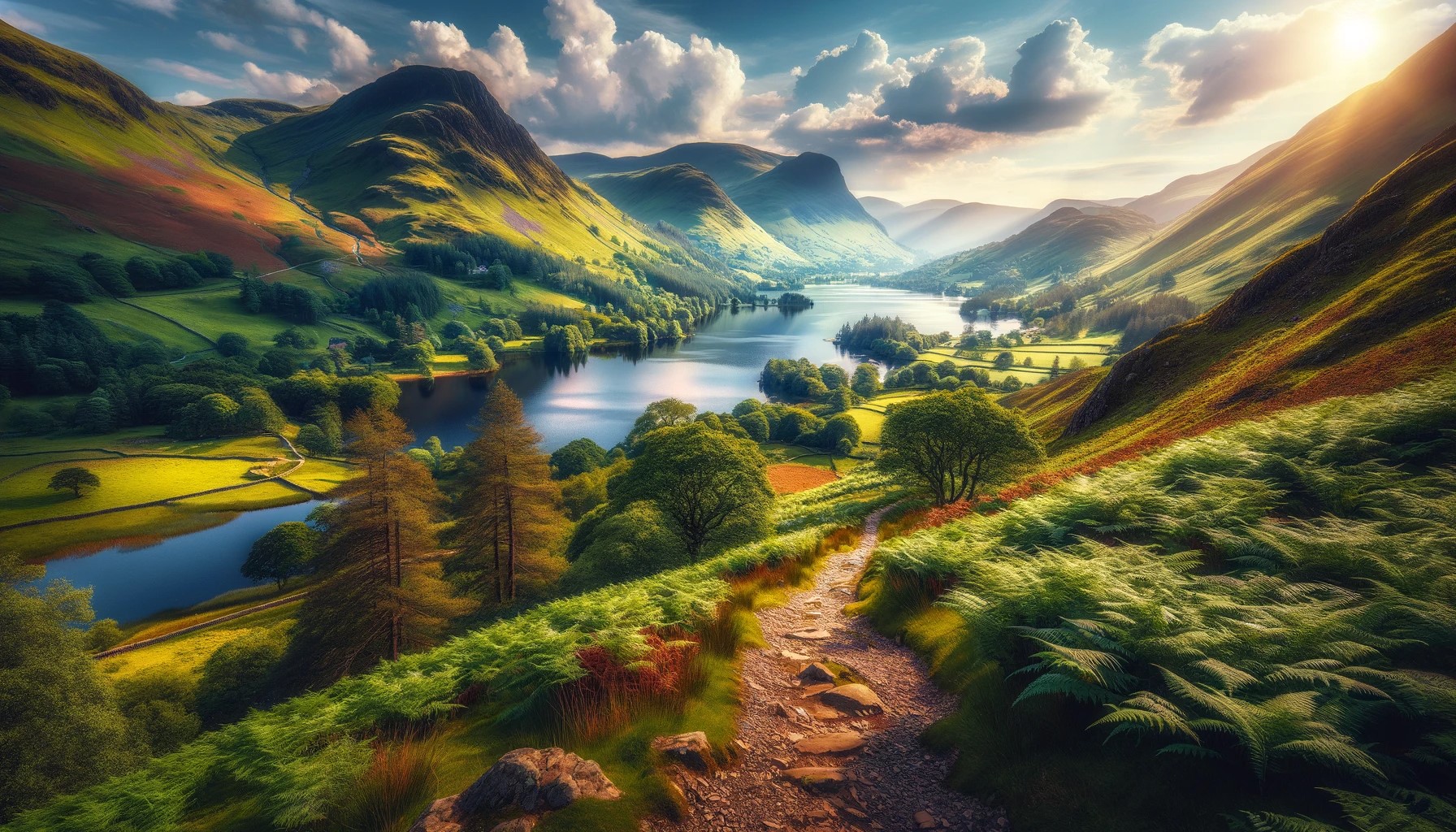 A scenic view of the Lake District in England, showcasing a picturesque hiking trail winding through lush greenery. In the background, majestic mountains