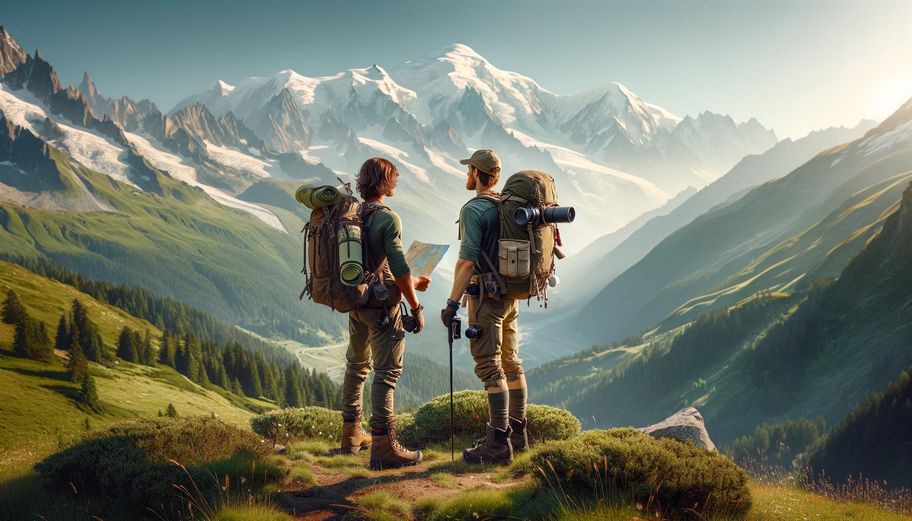 A serene landscape of the French Alps with Mont Blanc in the background. In the foreground, a male and female hiker are standing side by side, looking