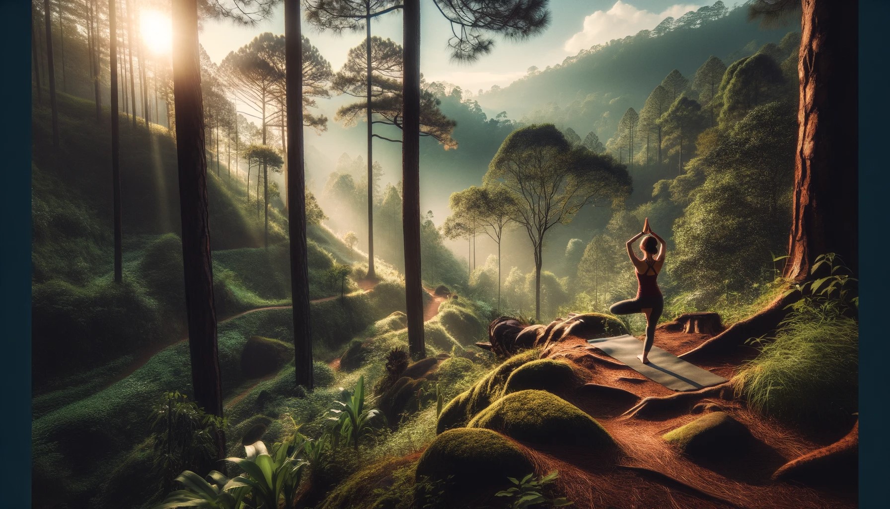 An image capturing the serene practice of trail yoga in a natural setting. The scene features a person doing yoga on a scenic hiking trail