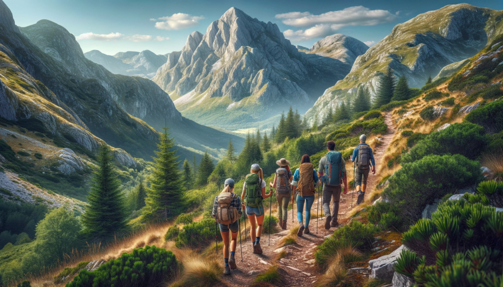 An image depicting a group of hikers, including females and a male, trekking through the scenic Dinaric Alps