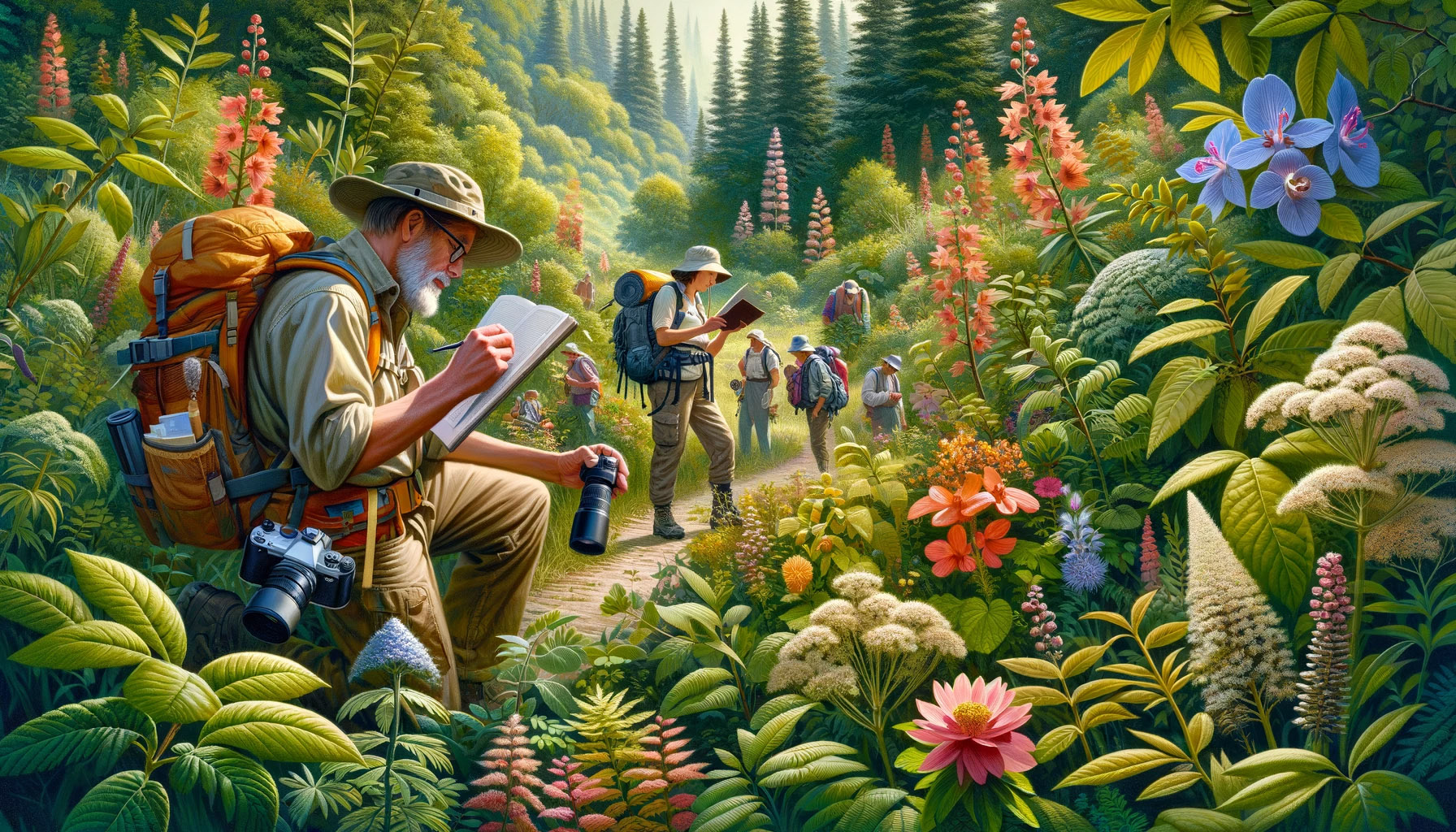 An image depicting hikers engaged in botanical exploration on a nature trail. The scene shows a diverse range of plants and flowers