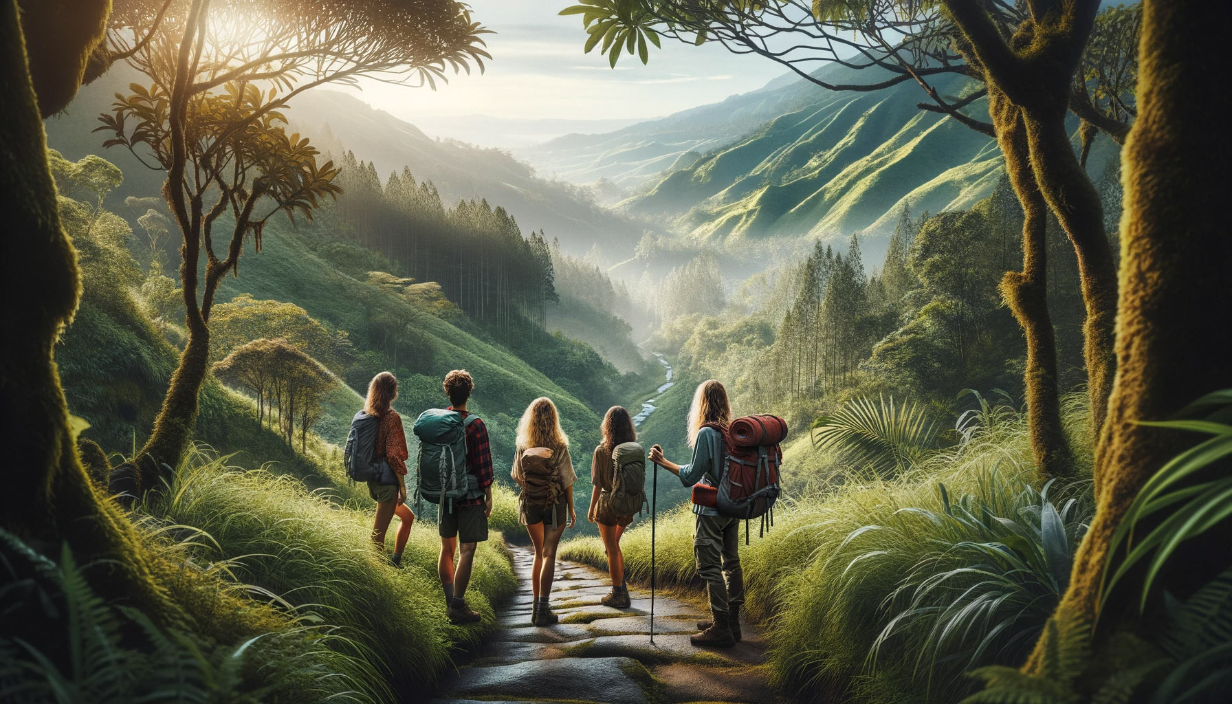 An image showing a group of hikers, including females and a male, on a scenic nature trail. The landscape is lush and verdant, with a clear path
