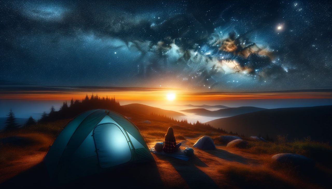 campsite scene at twilight, featuring the hiker and her tent under the starry night sky.