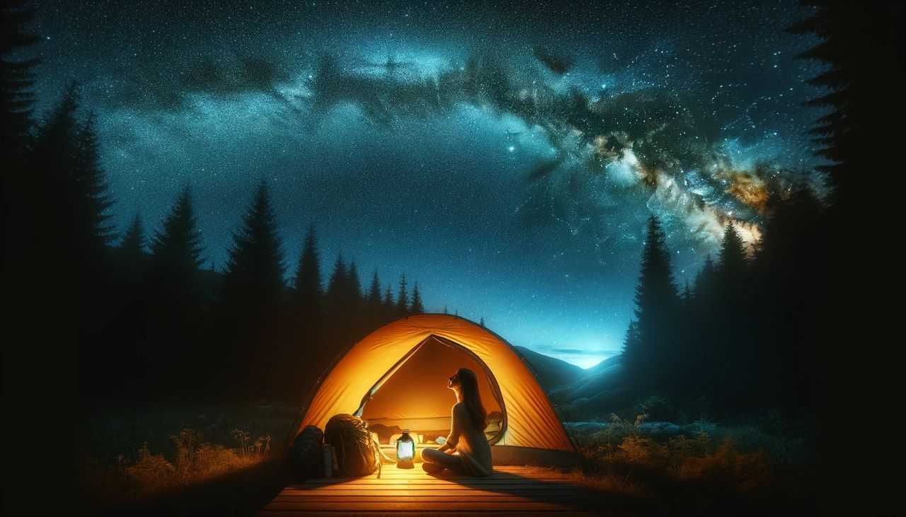 female hiker sitting by her tent under a sky full of stars. The tent glows softl