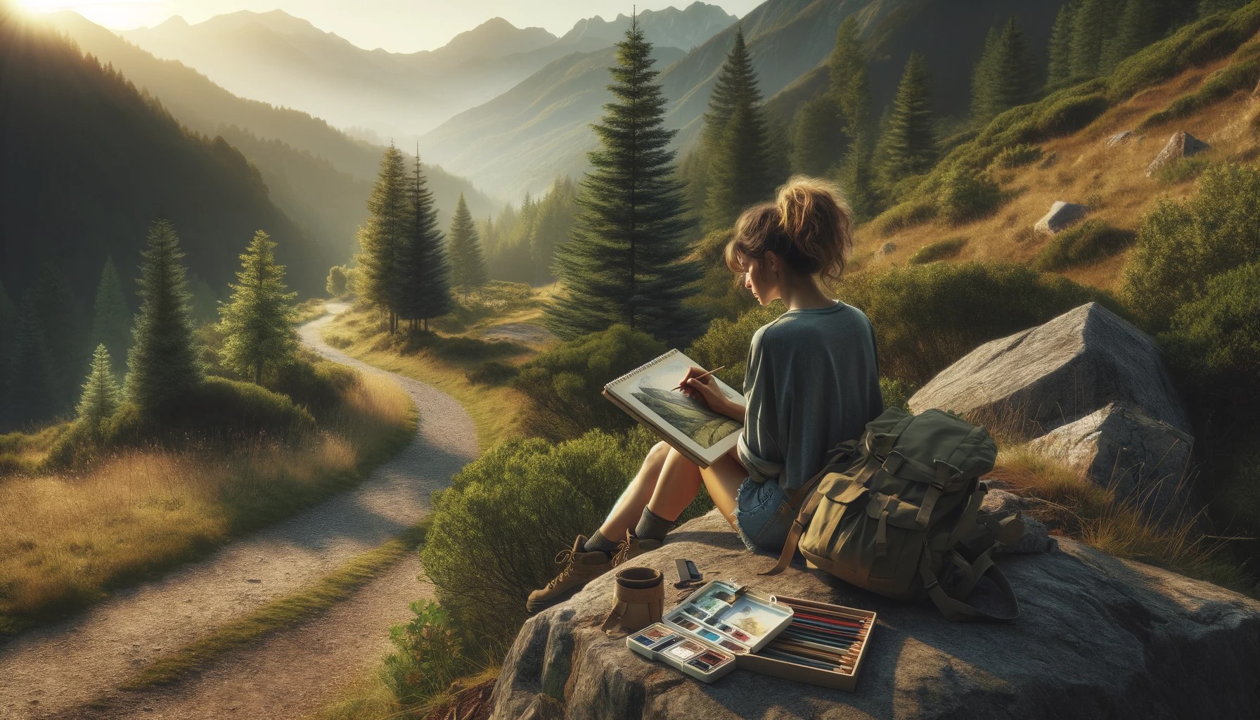 hiker sitting on a rock along a scenic hiking trail, deeply engaged in sketching the surrounding landscape. The landscap