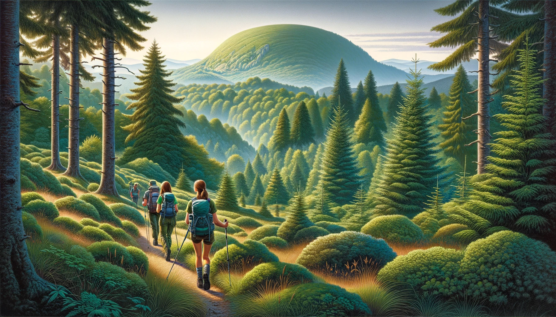 hikers in the Vosges Mountains, France. The scene shows the lush, forested landscape of the Vosges