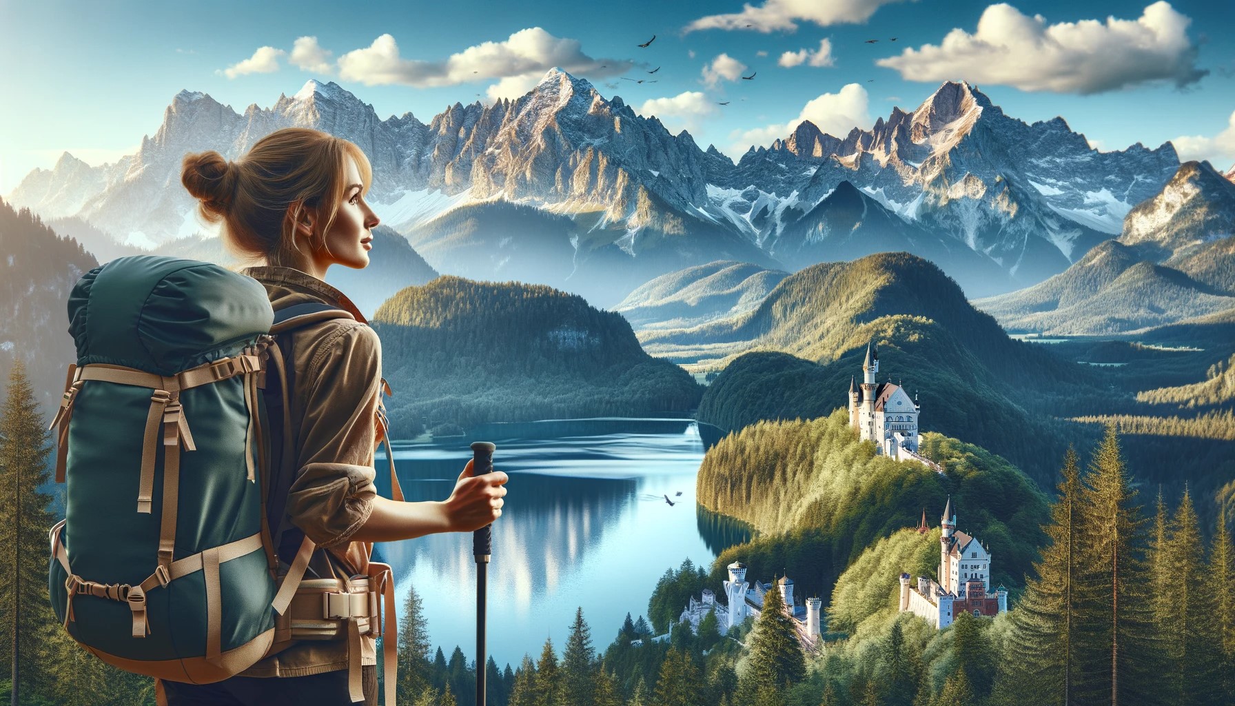 An awe-inspiring view of the Bavarian Alps with a female hiker in the foreground. She is gazing at the majestic mountain range, embodying the spirit o