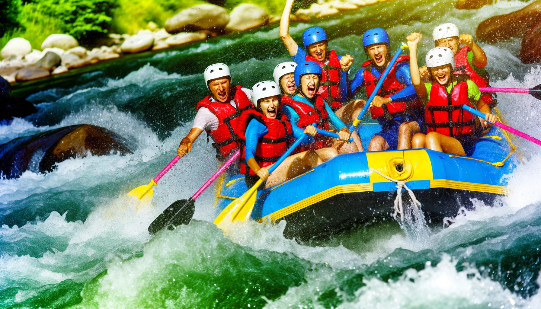 rafting down a tumultuous river, navigating through rapids with expressions of exhilaration and teamwork